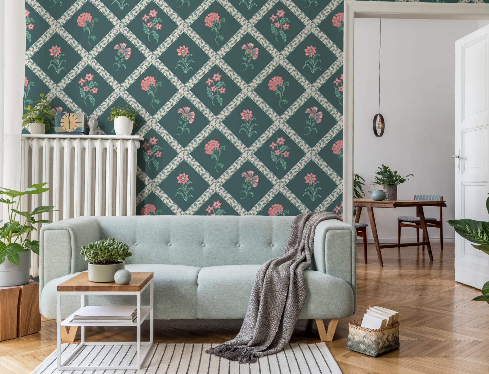 Dark Block Print Botanical Trellis Mural