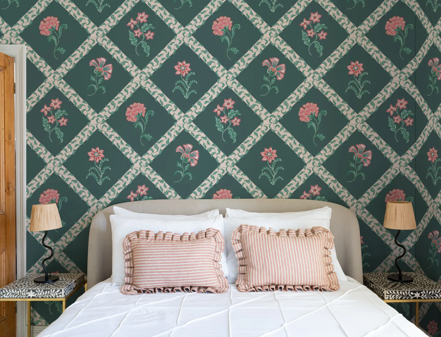 Dark Block Print Botanical Trellis Mural