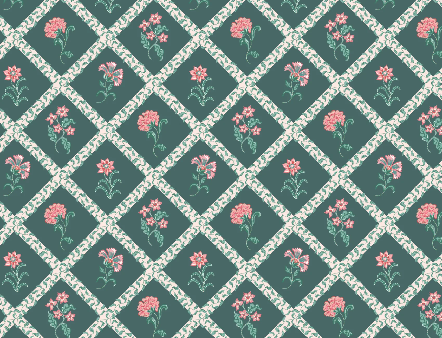 Dark Block Print Botanical Trellis Mural
