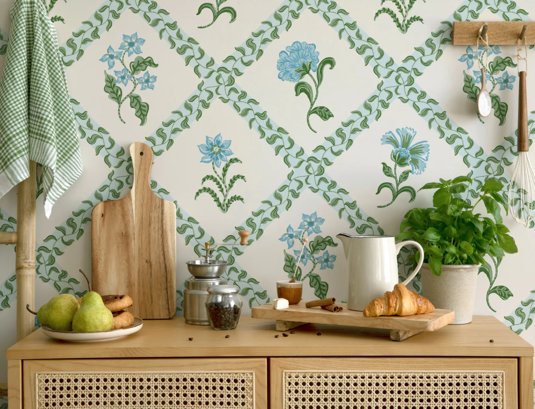 Blue Block Print Botanical Trellis Mural