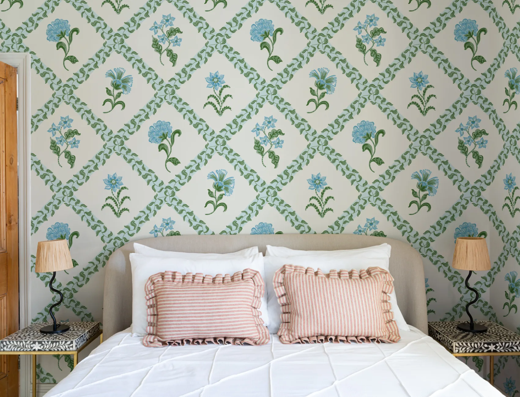 Blue Block Print Botanical Trellis Mural
