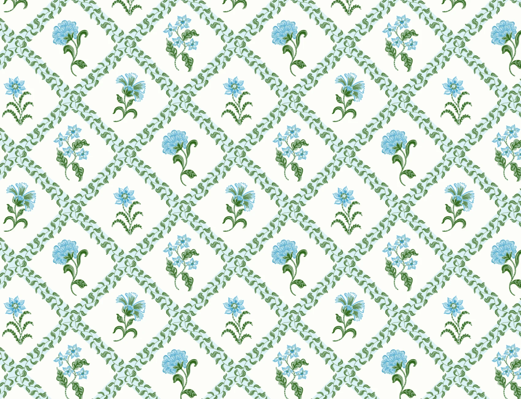 Blue Block Print Botanical Trellis Mural