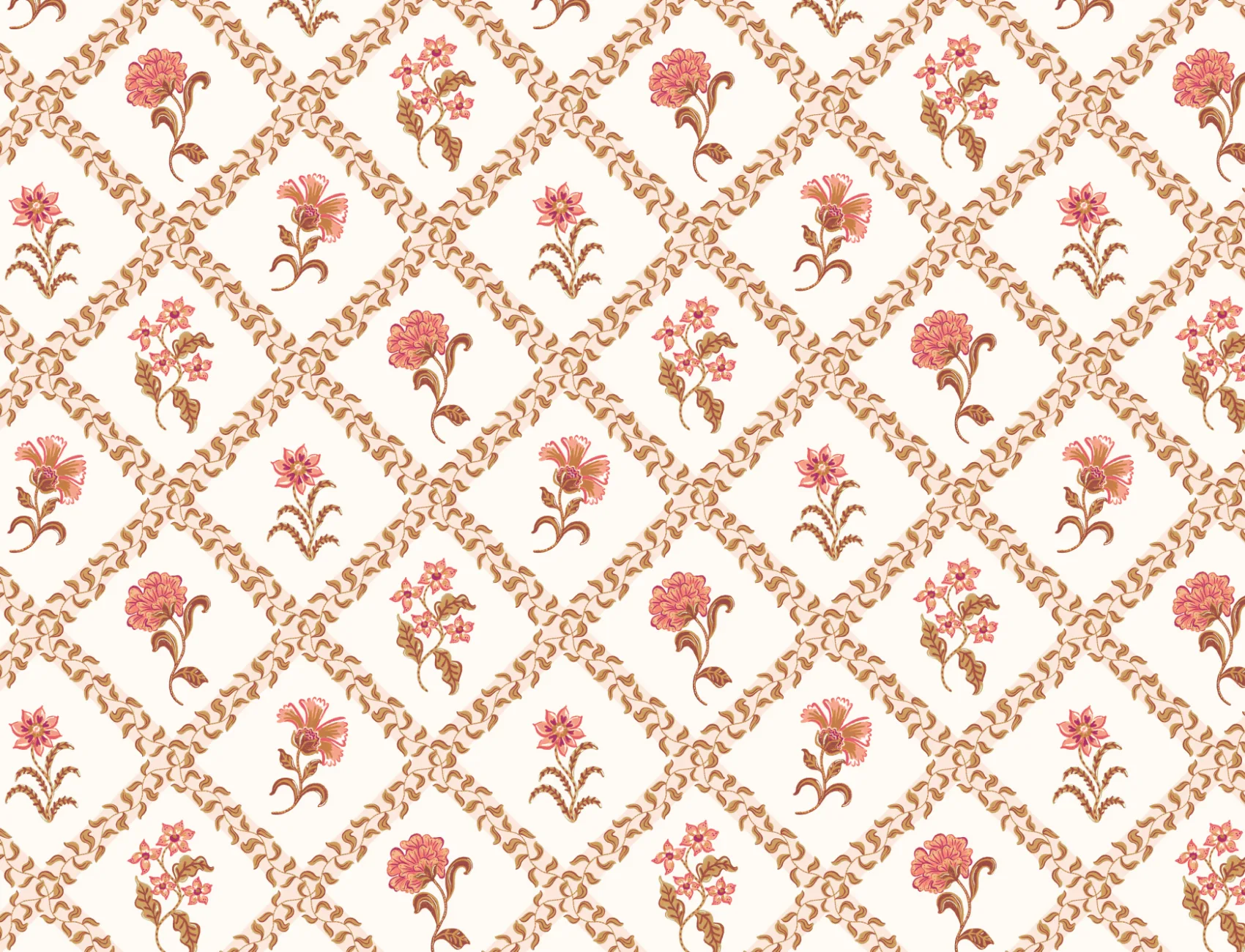 Pink Block Print Botanical Trellis Mural