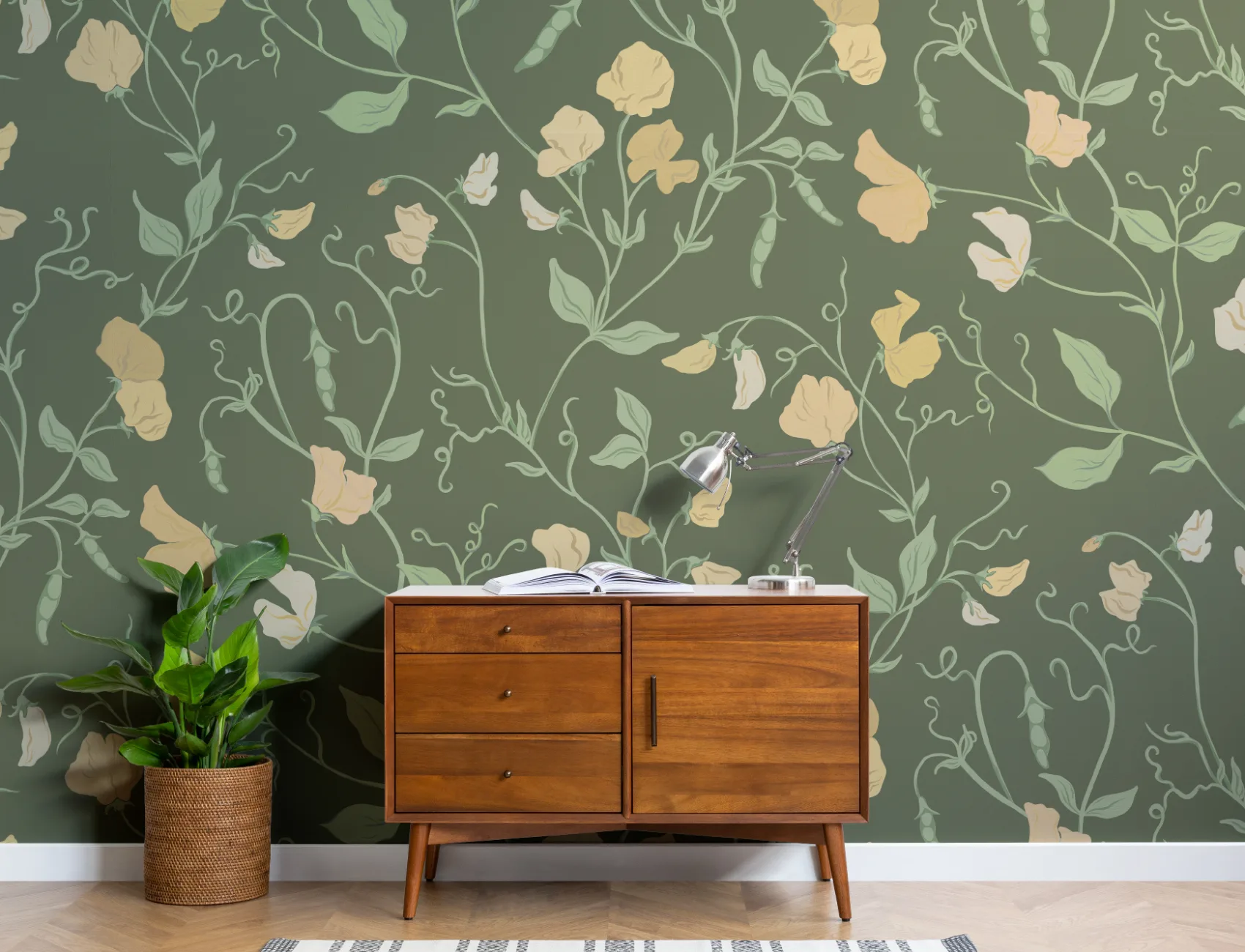 Mörkgul Sweet Pea Floral & Vines Mural-tapeter