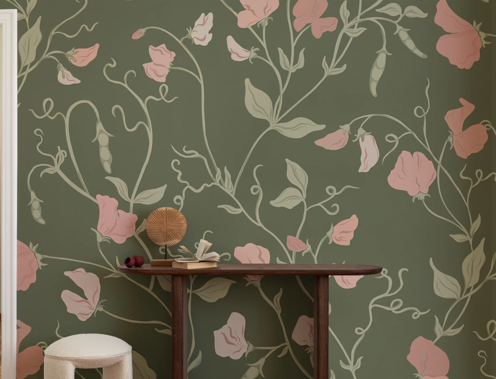 Dark Pink Sweet Pea Floral & Vines Mural