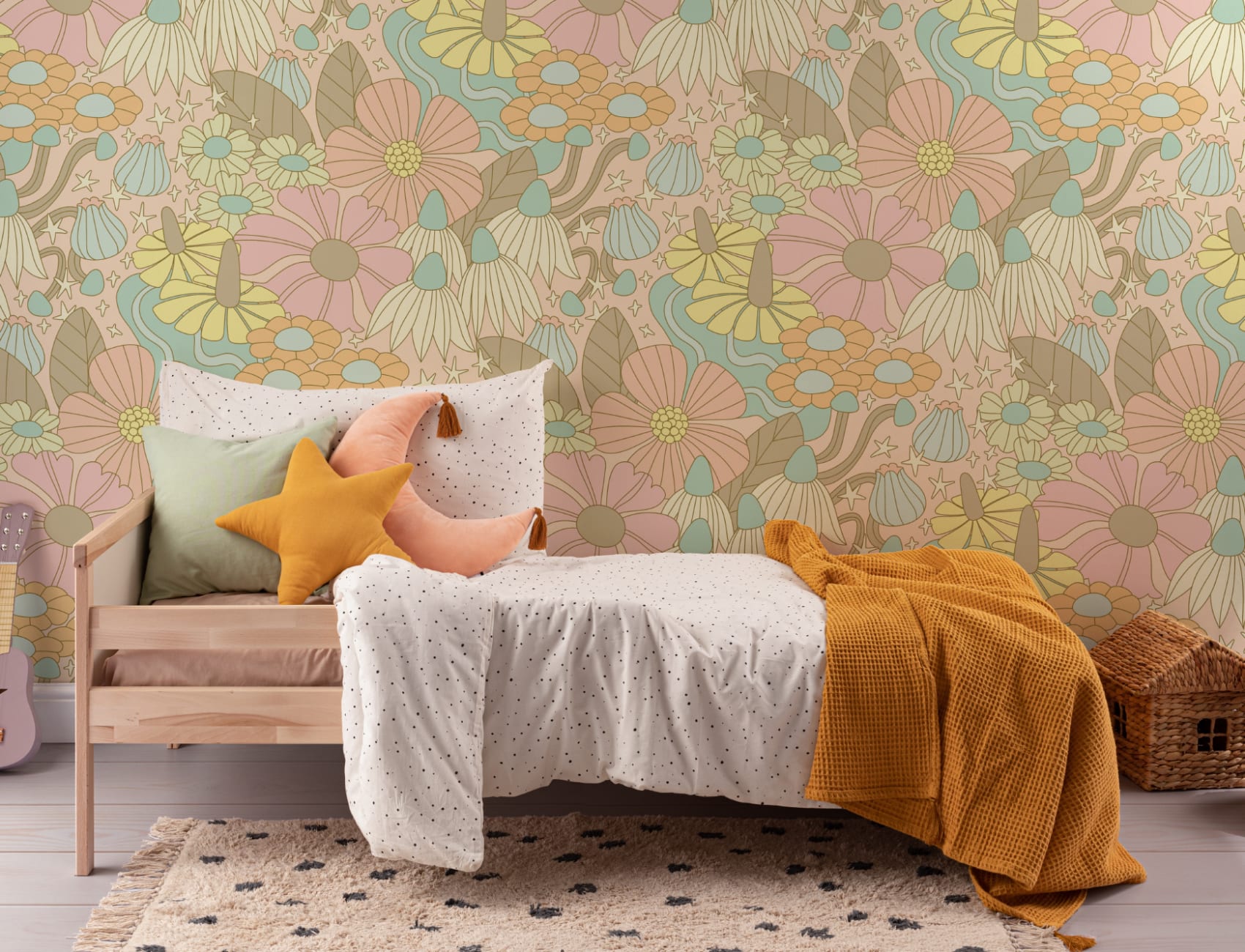 Elizabeth Olwen Kosmische bloemen pastel muurschildering