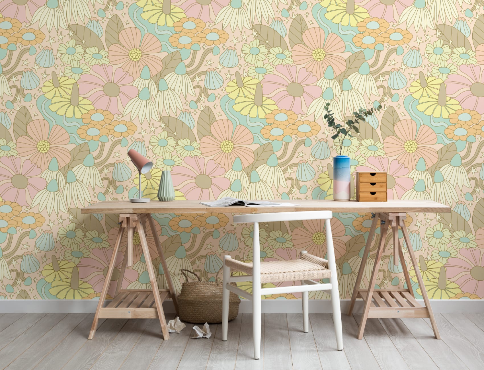 Elizabeth Olwen Kosmische bloemen pastel muurschildering