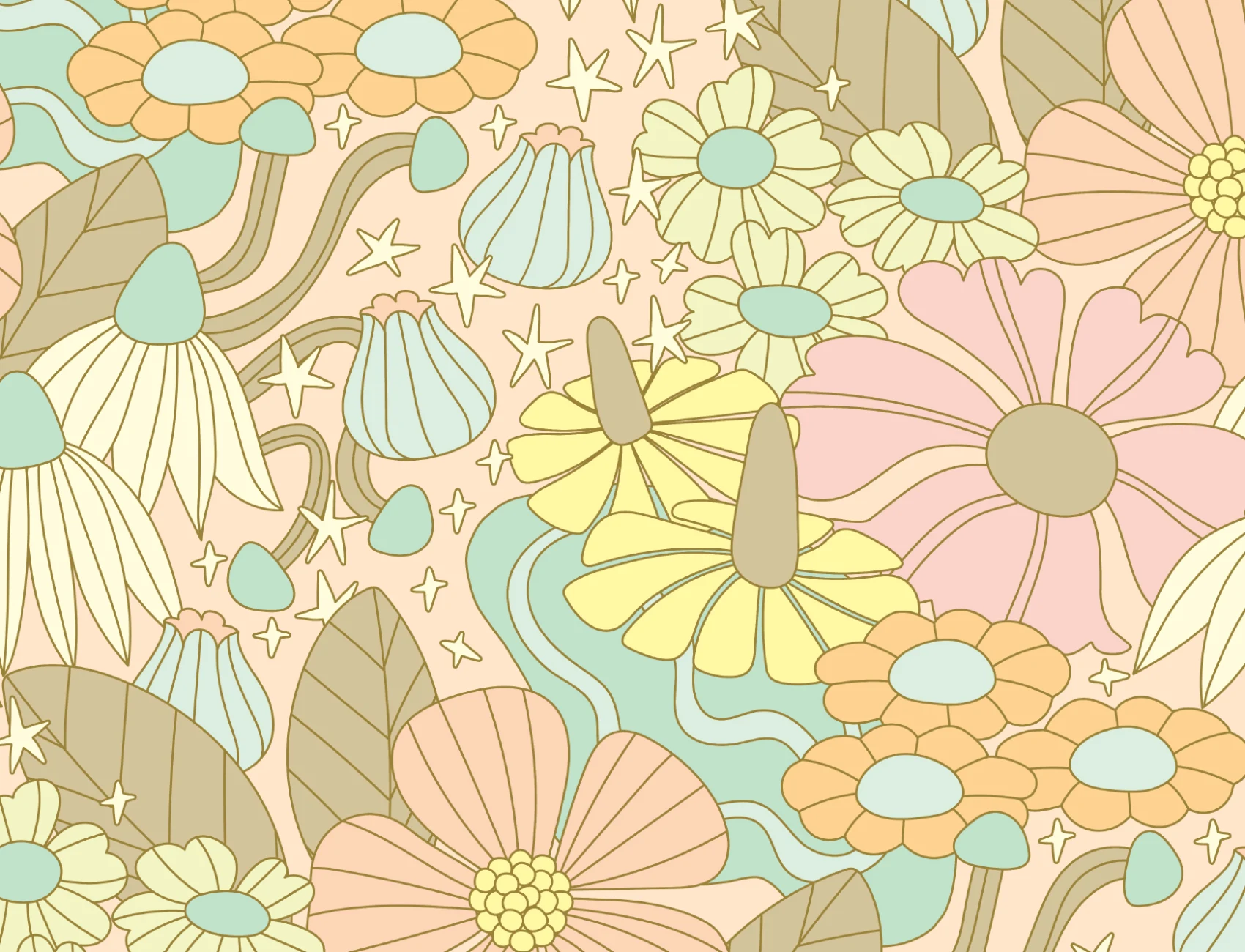 Elizabeth Olwen Kosmische bloemen pastel muurschildering