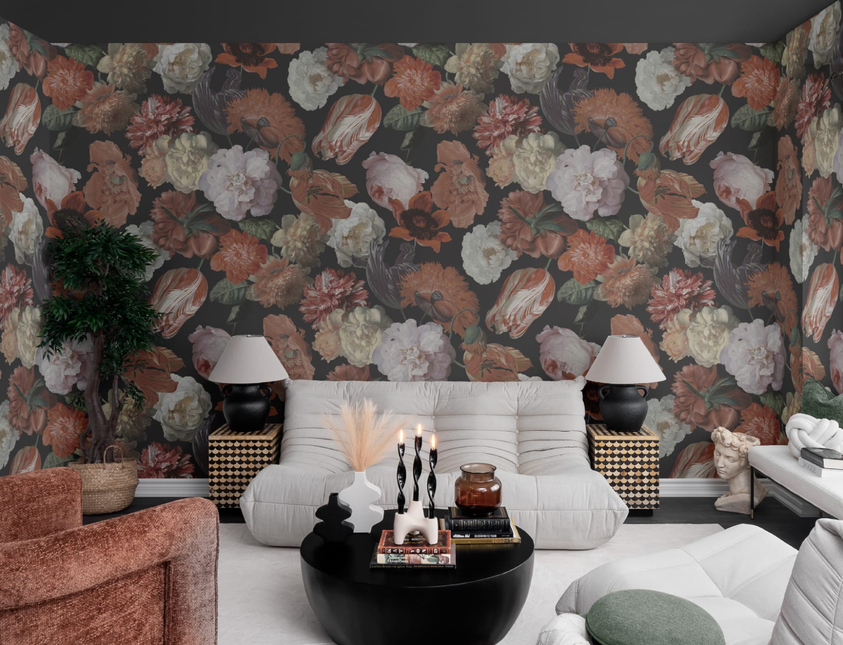 Rödmålad storskalig mural-tapeter med blommor