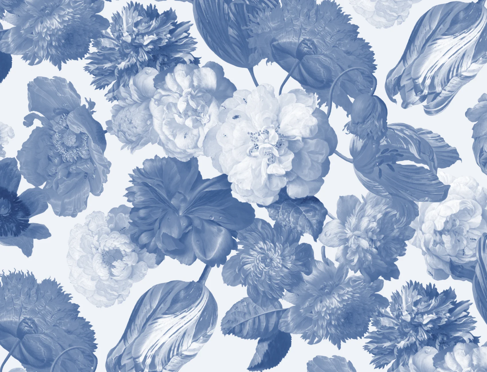 Mural de papel pintado en azul con flores a gran escala
