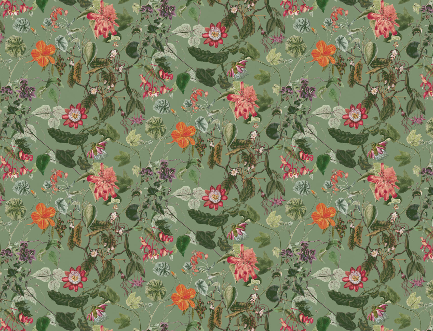 Lush Botanical Floral Wall Mural in Verdant Green