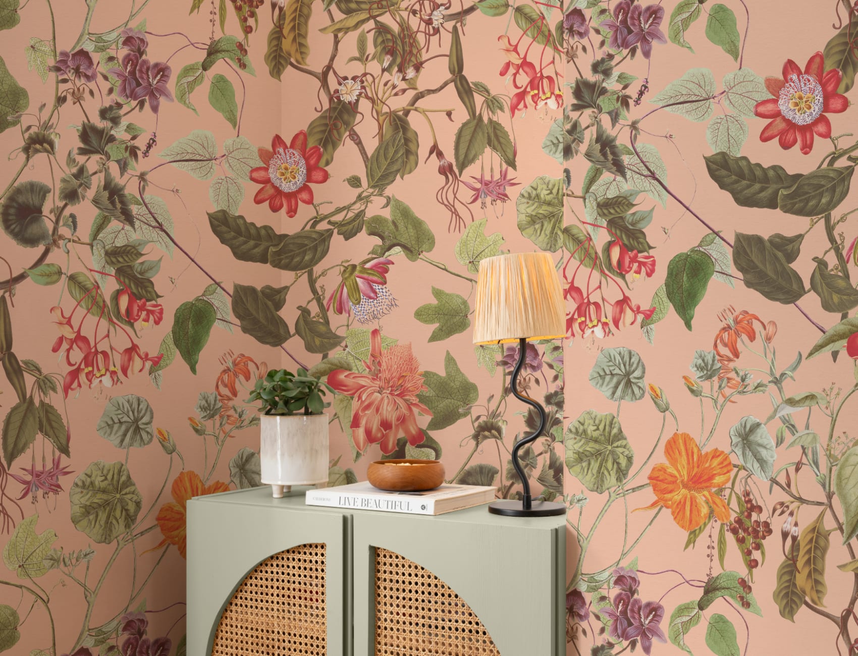 Vintage Botanical Floral Wall Mural in Soft Blush Pink