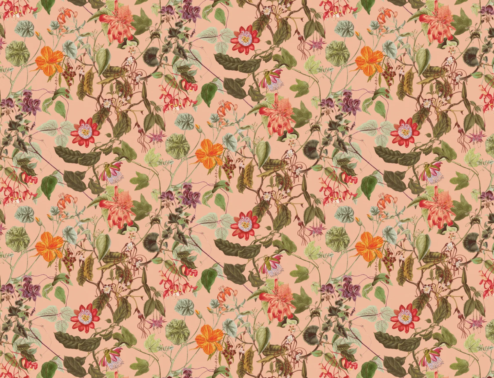 Vintage Botanical Floral Wall Mural in Soft Blush Pink