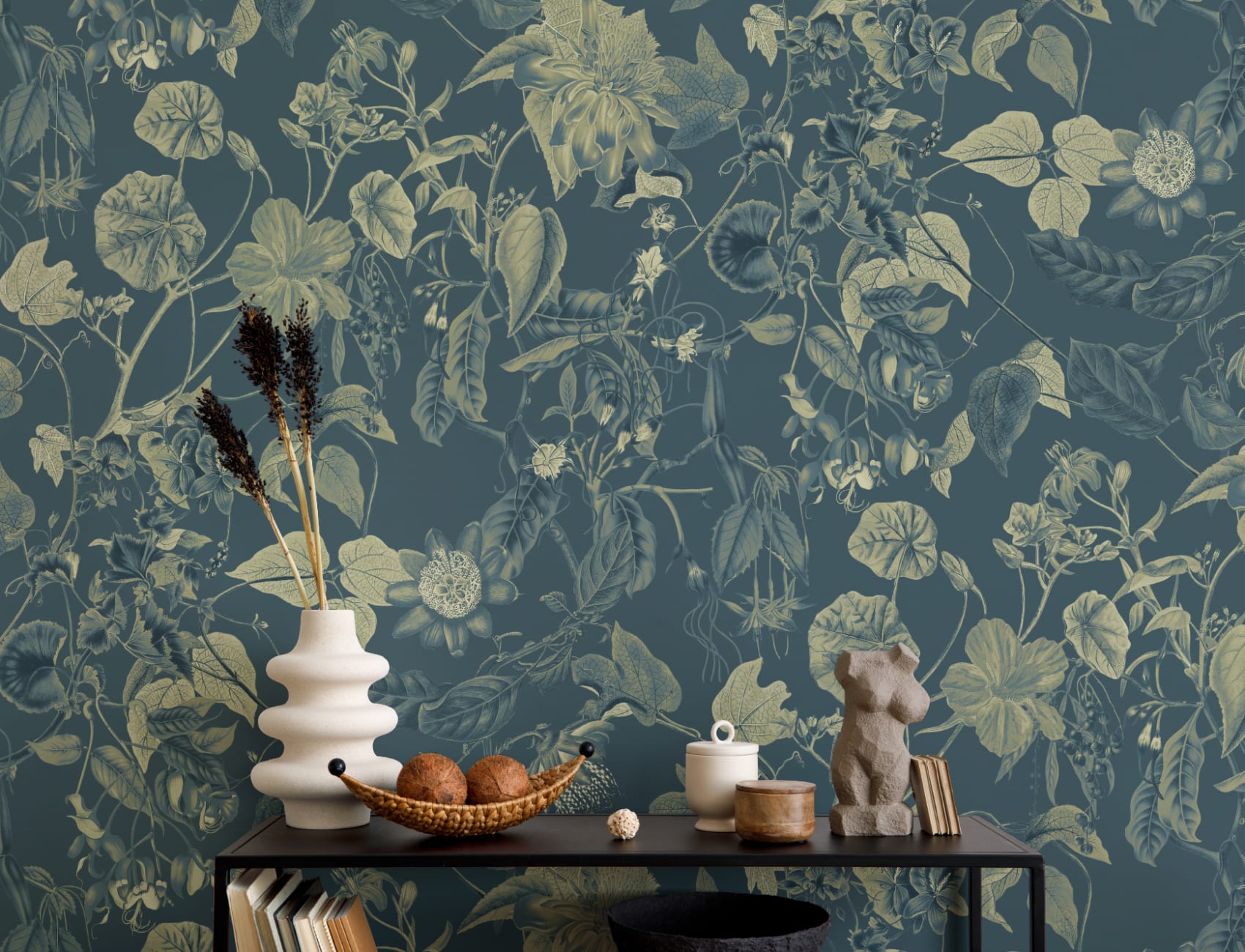 Botanische Fototapete mit Blumen in Blau