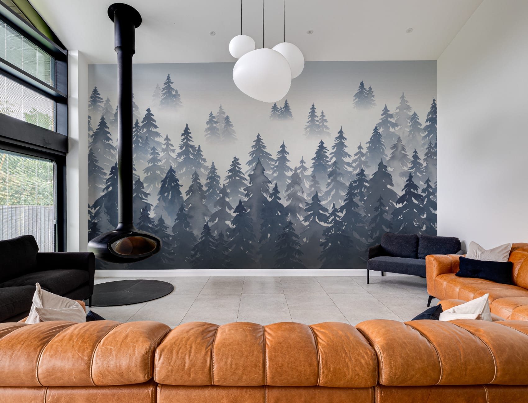 Blue Watercolor Forest Tree Silhouette Wallpaper Mural