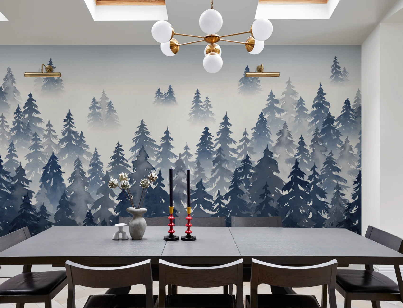 Blue Watercolor Forest Tree Silhouette Wallpaper Mural