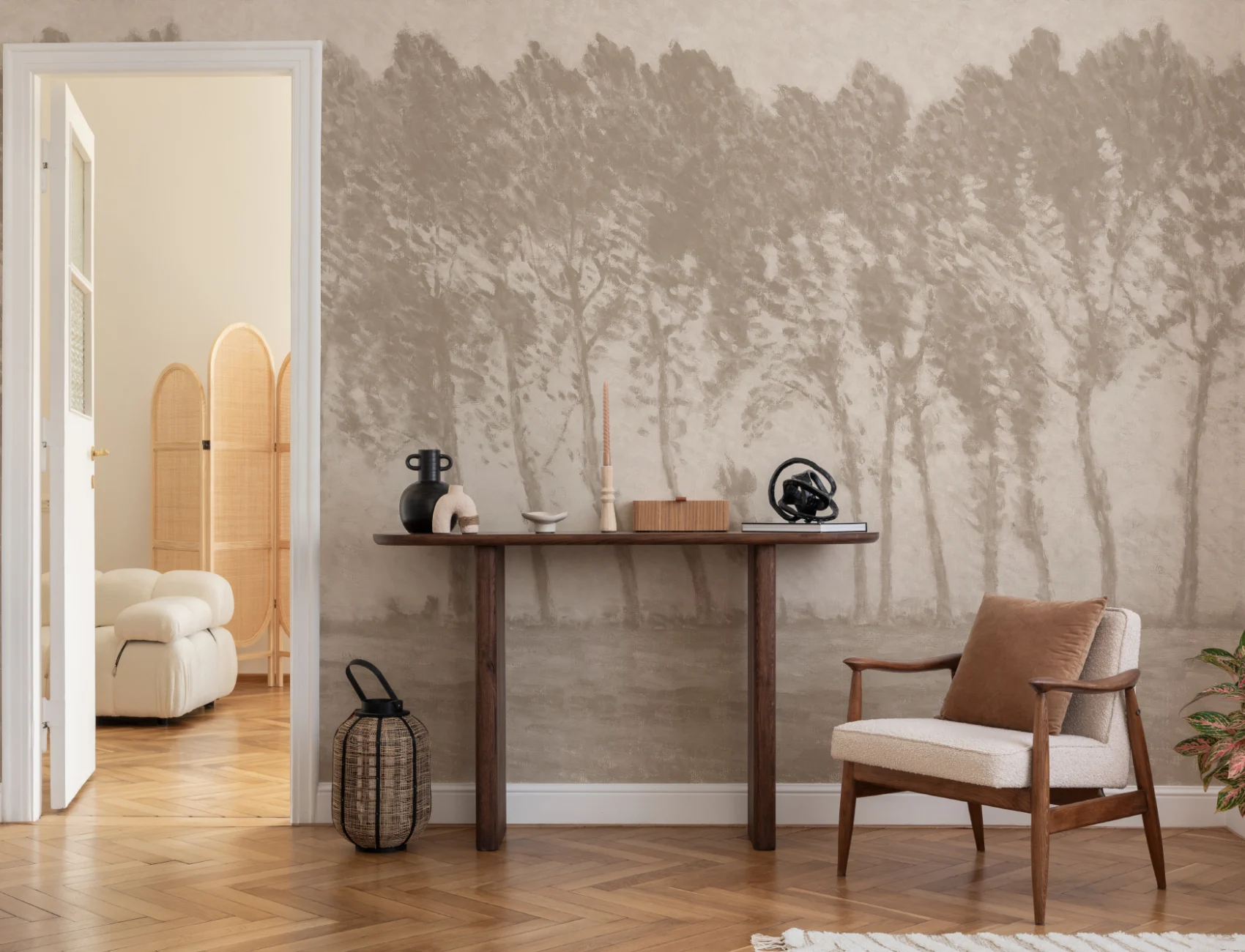 Vintage Rainy Forest Wall Mural in Earthy Neutrals