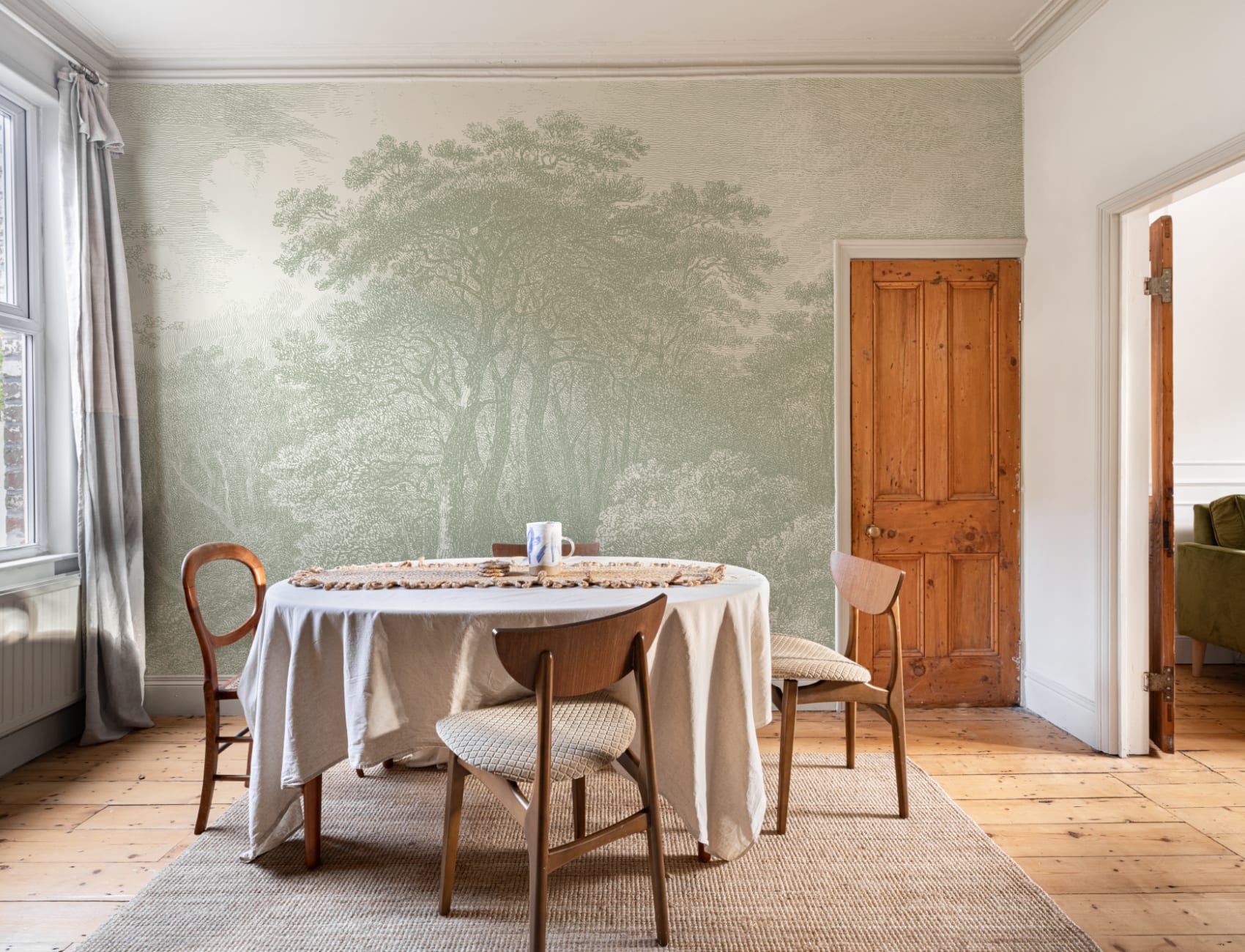 Vintage Forest Etching Wall Mural in Sage Green Tones