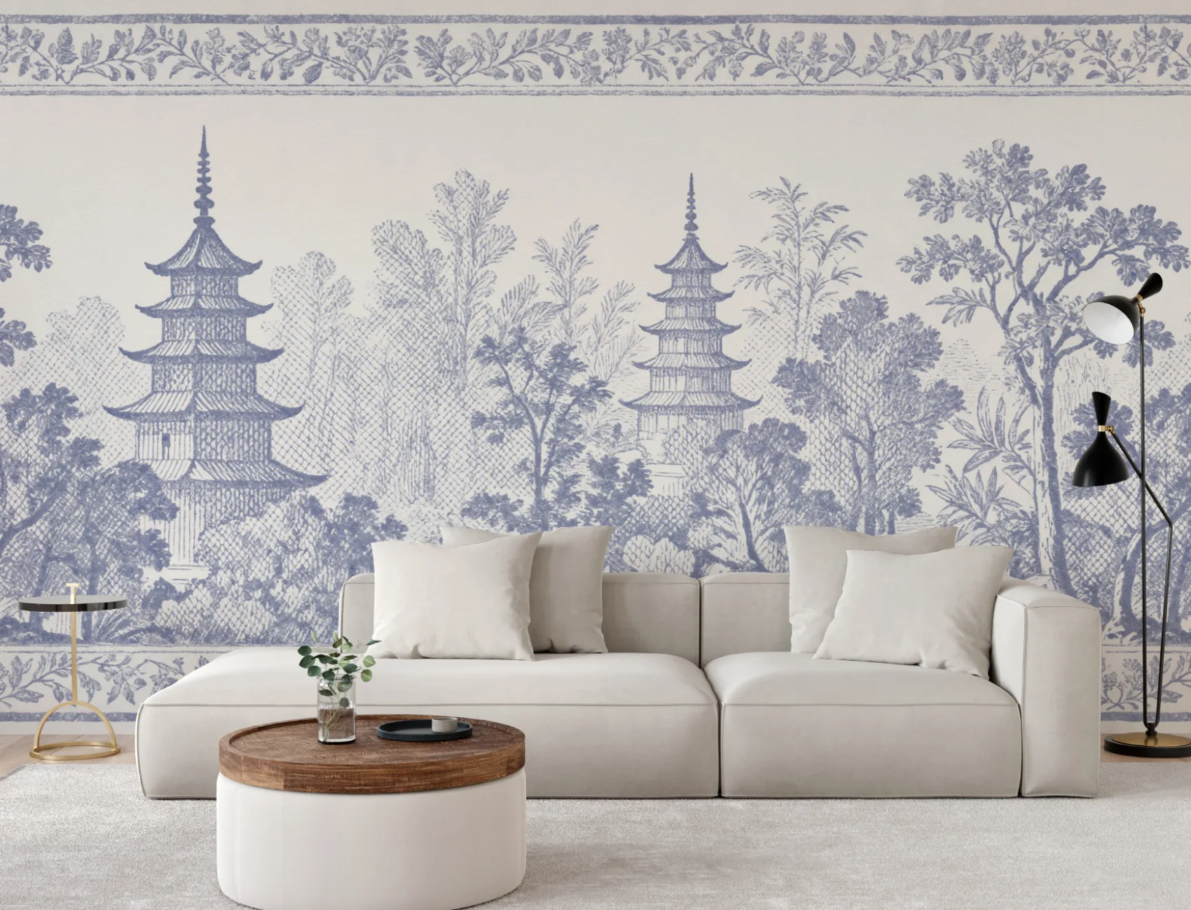 Blåt japansk landskab sindsro pagode design fototapet