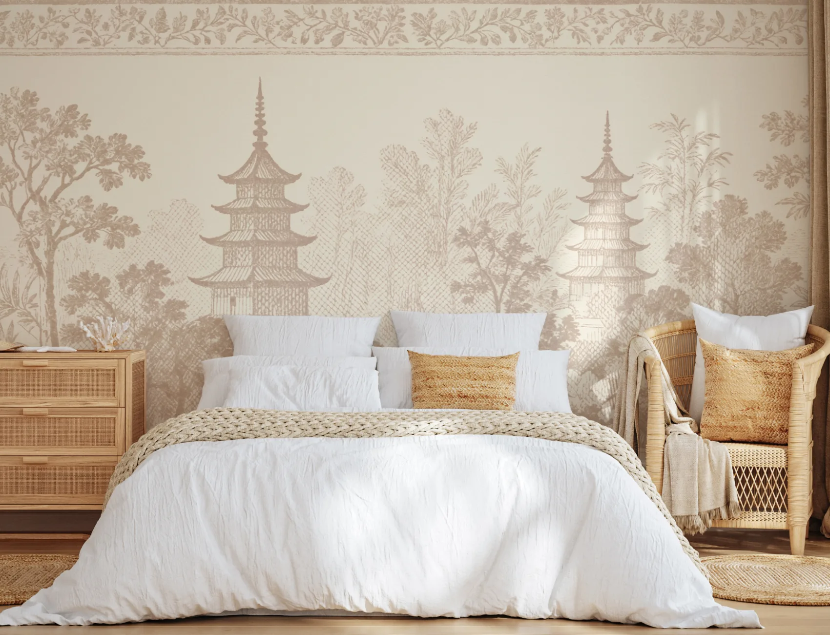 Carta da parati orientale beige Pagoda Paesaggio Serenità
