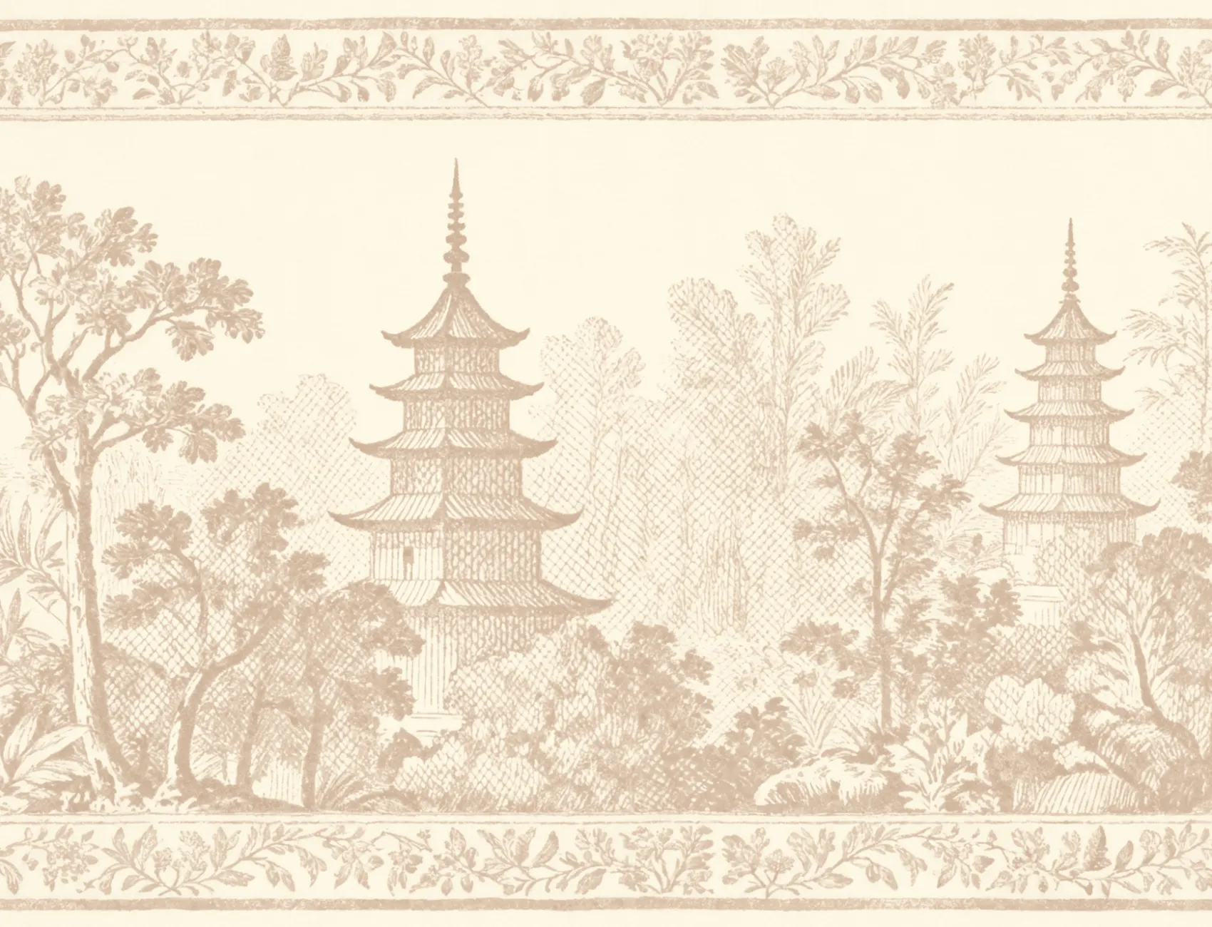Carta da parati orientale beige Pagoda Paesaggio Serenità