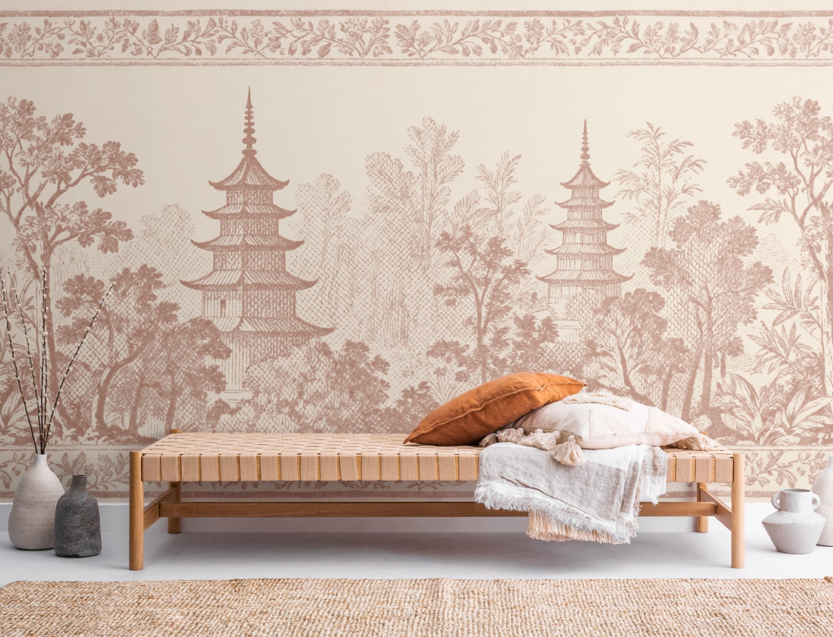 Warm Oriental Pagoda Landscape Vintage Style Mural