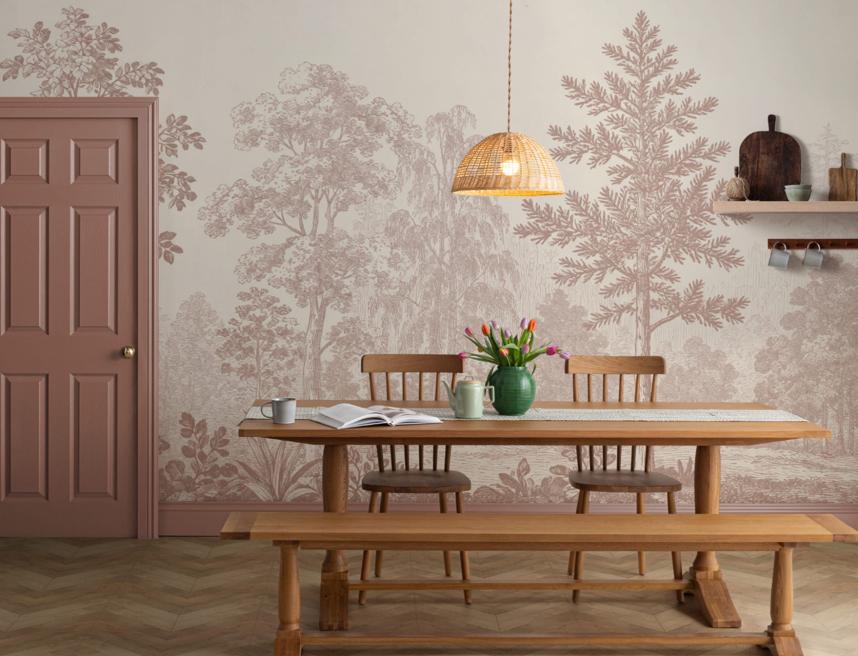 Warm Sepia Botanical Woodland Scene Wall Mural