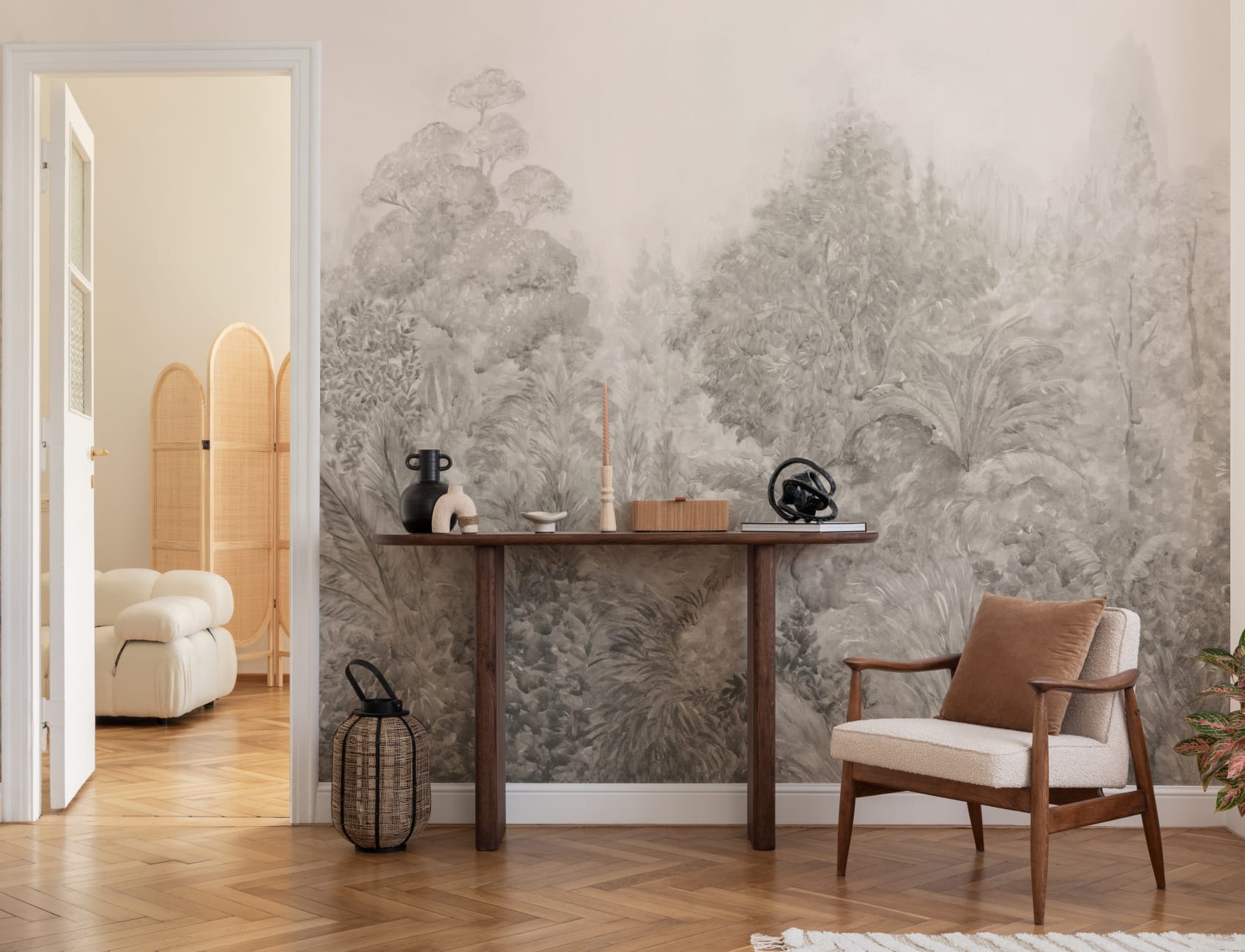 Beige Misty Grove Botanical Nature Wall Mural