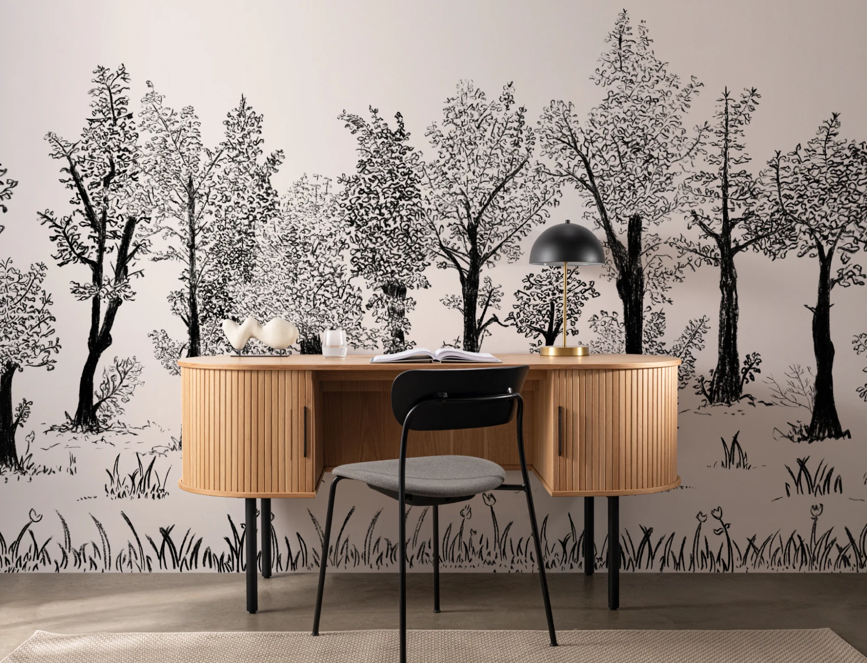 Papel pintado de bosque tradicional europeo ilustrado en negro