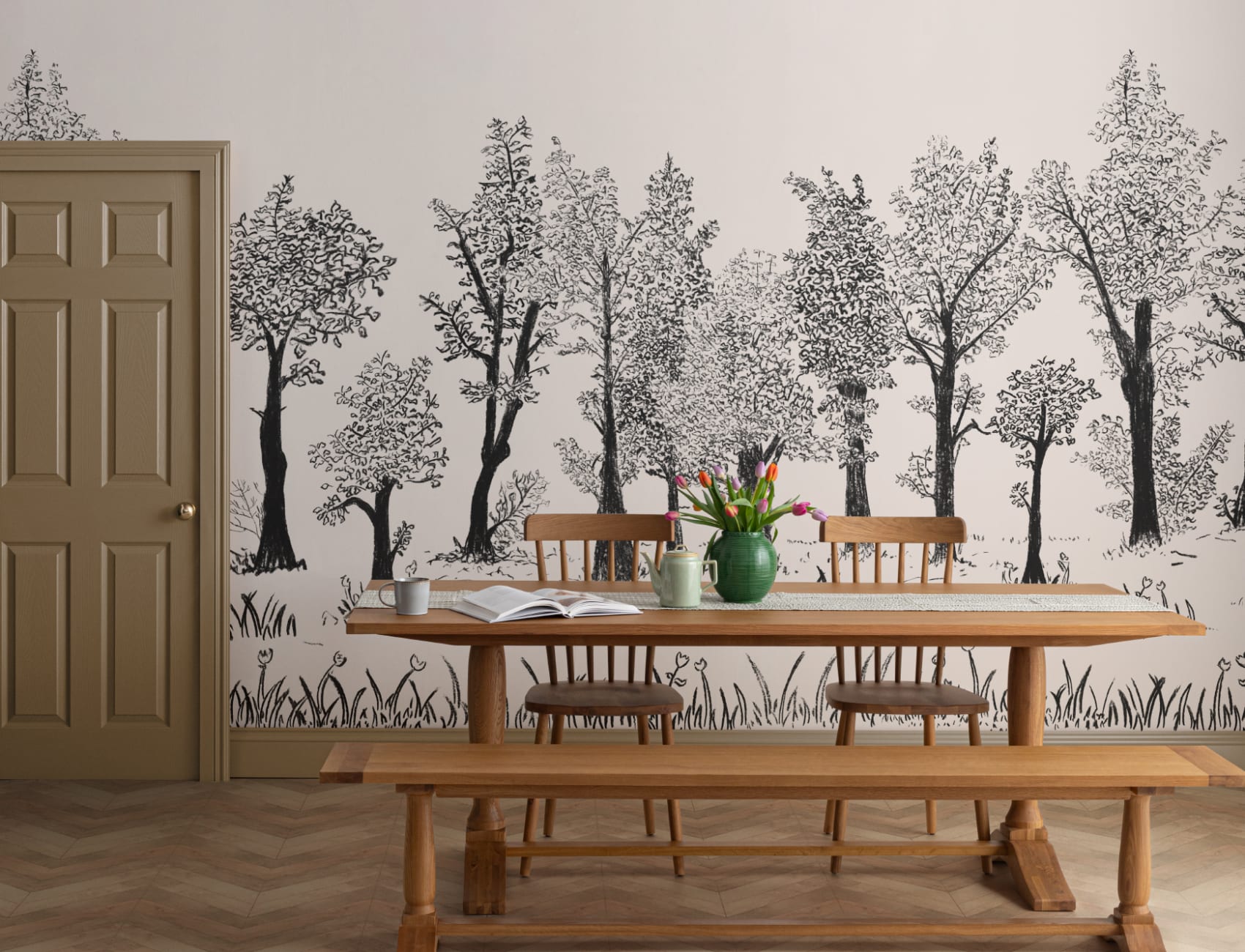 Papel pintado de bosque tradicional europeo ilustrado en negro