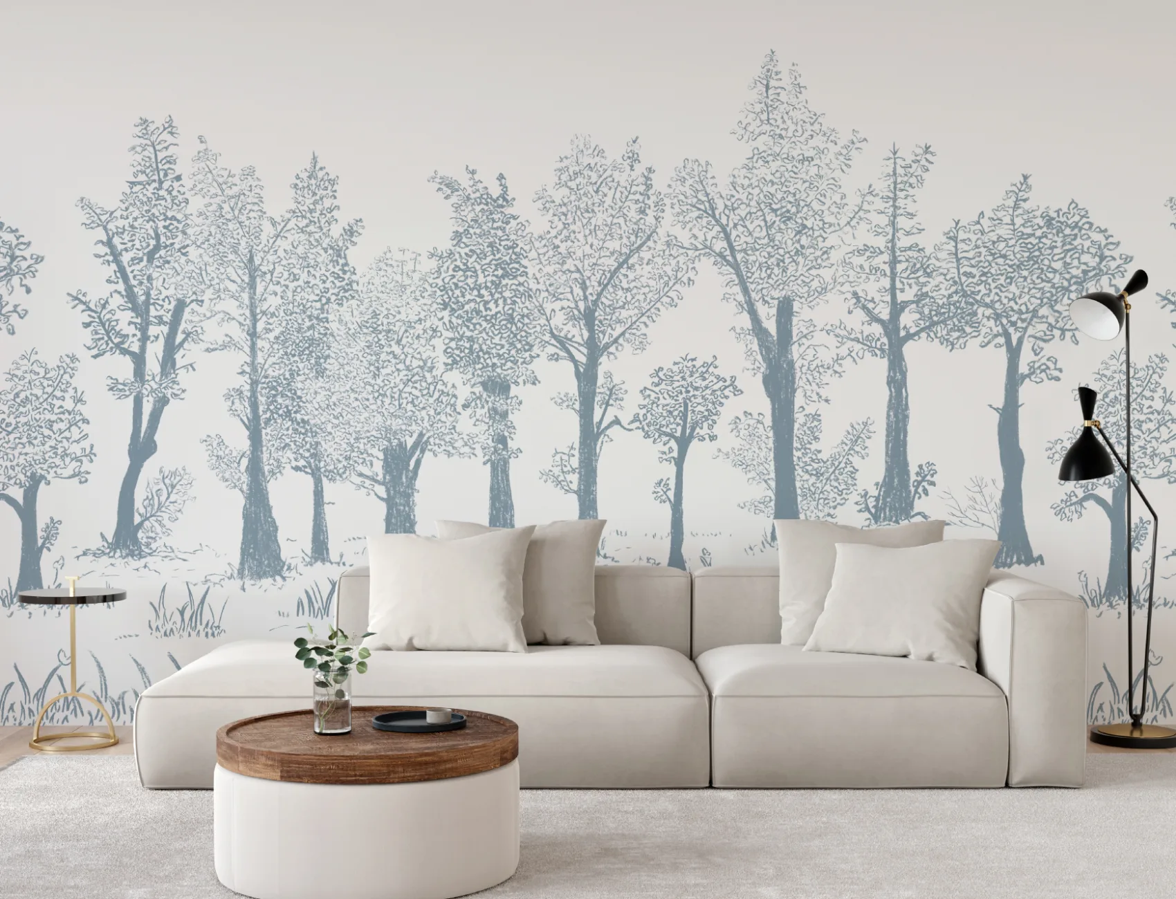 Blue Illustrated Traditional European Forest Mural