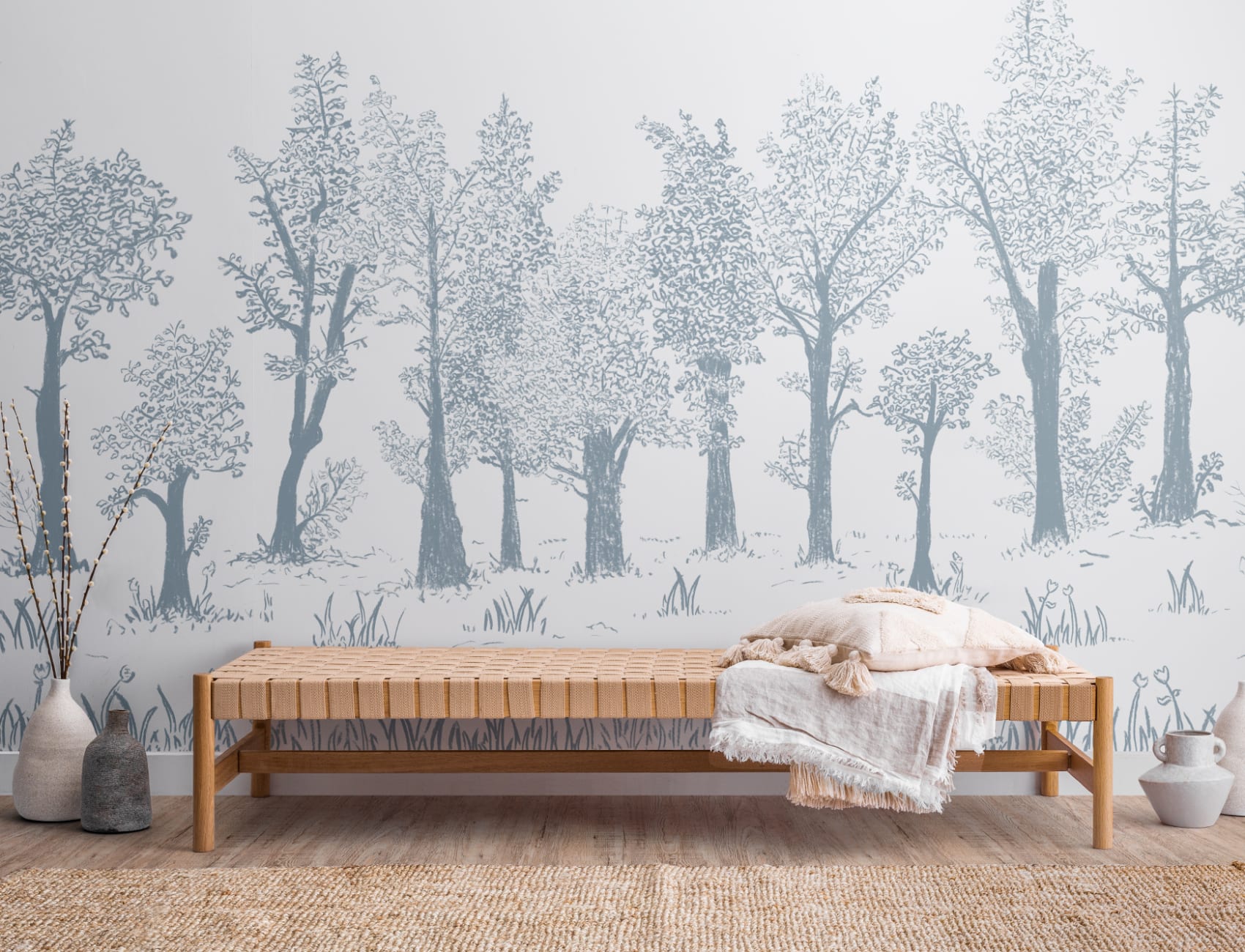 Blue Illustrated Traditional European Forest Mural
