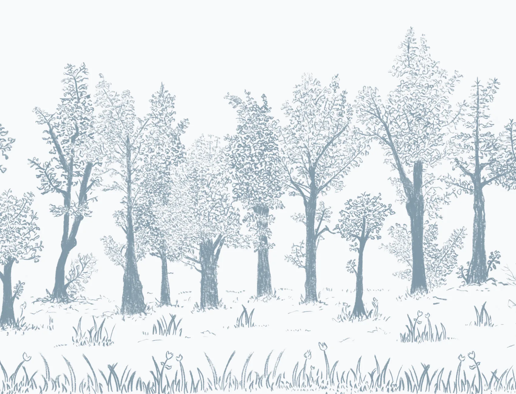 Blue Illustrated Traditional European Forest Mural