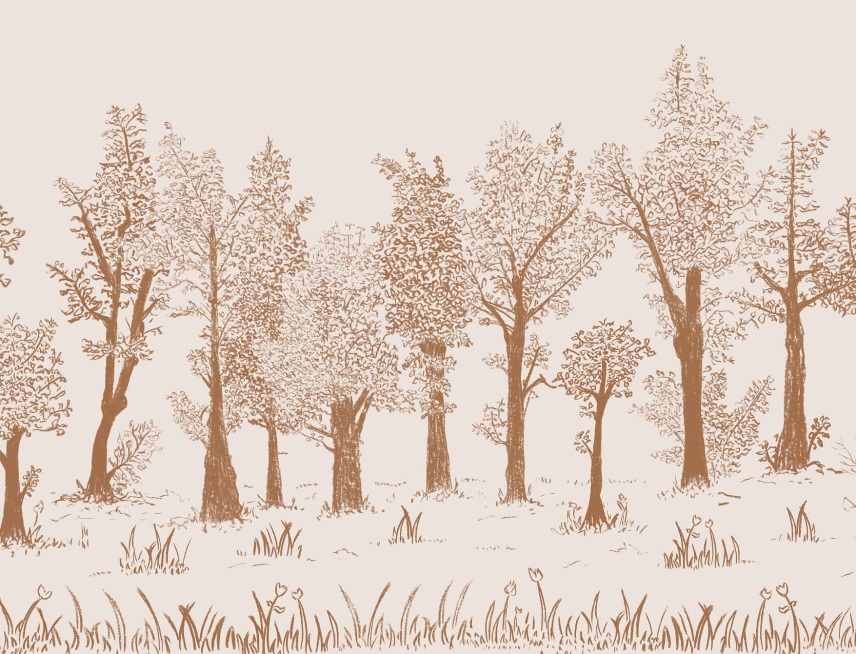 Brown Illustrated Traditional European Forest Mural