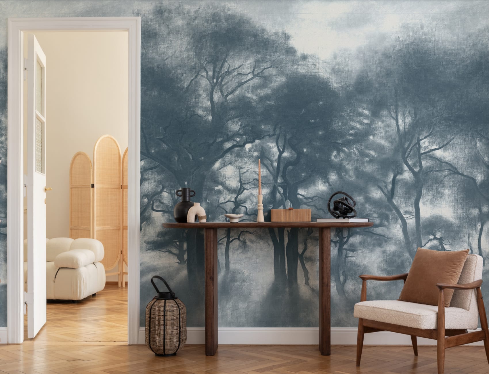 Murales de Papel Pintado Azul bosque brumoso Pintura al óleo