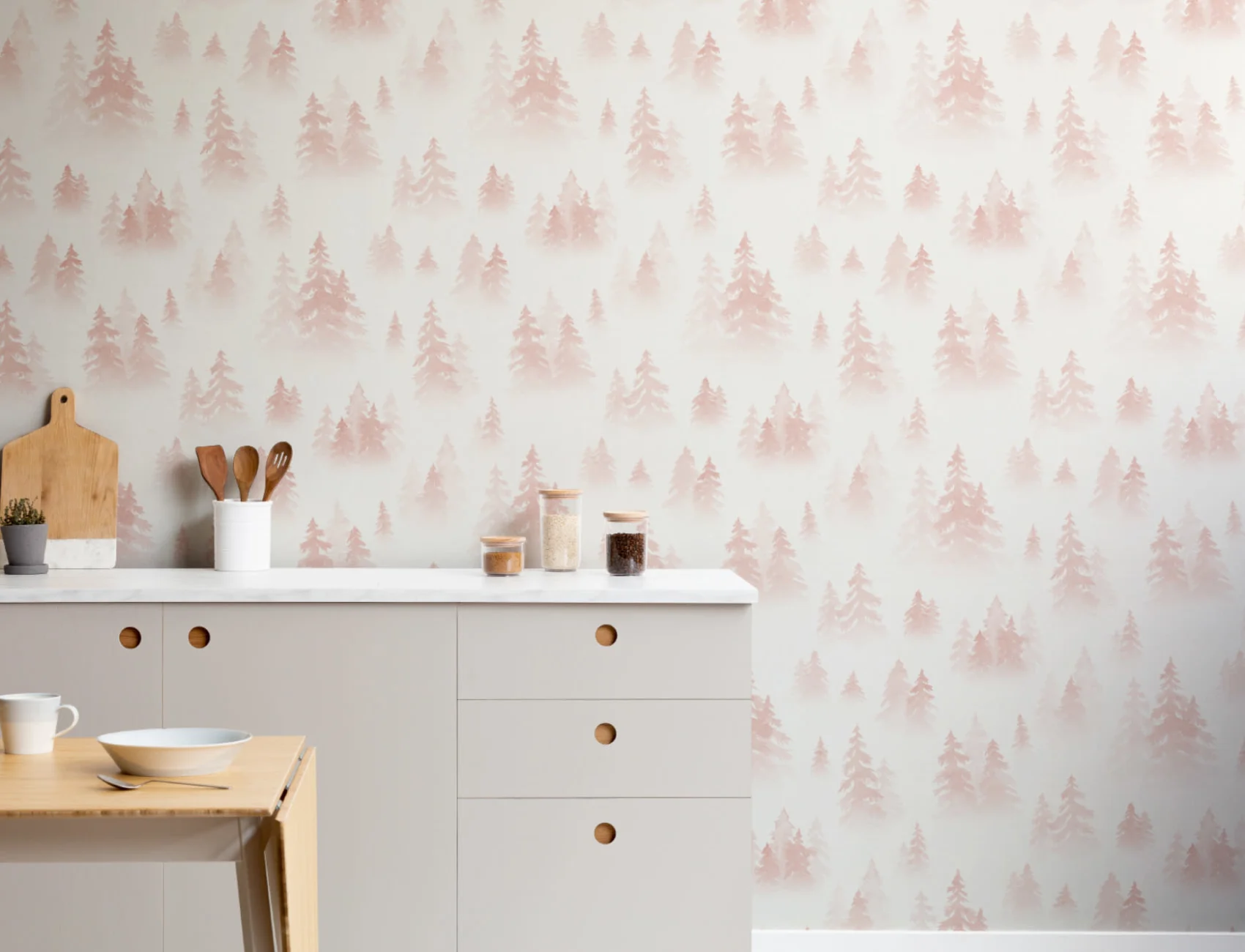 Papier Peint Panoramique avec Motifs de Bouleaux Roses à l’Aquarelle