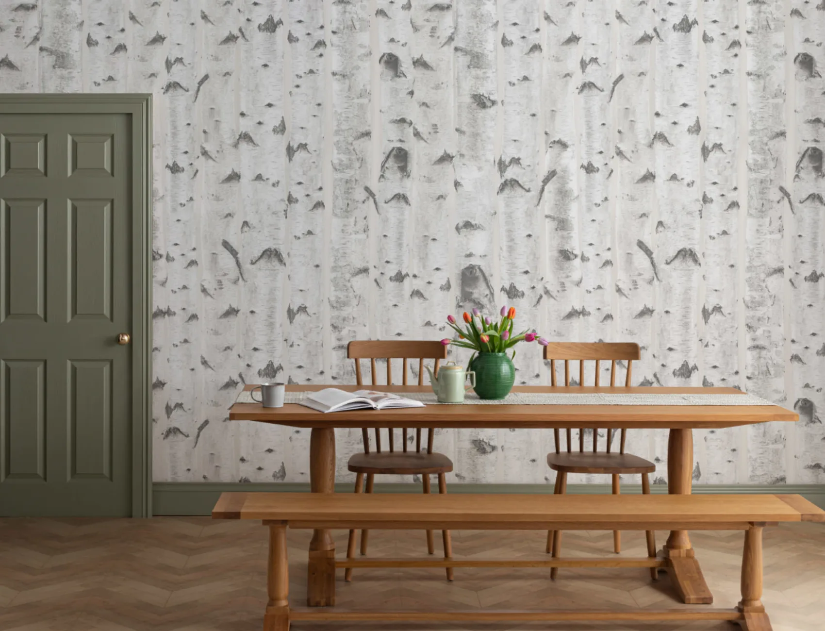Wit & Crème Berkenboom Patroon Behang Muurschildering