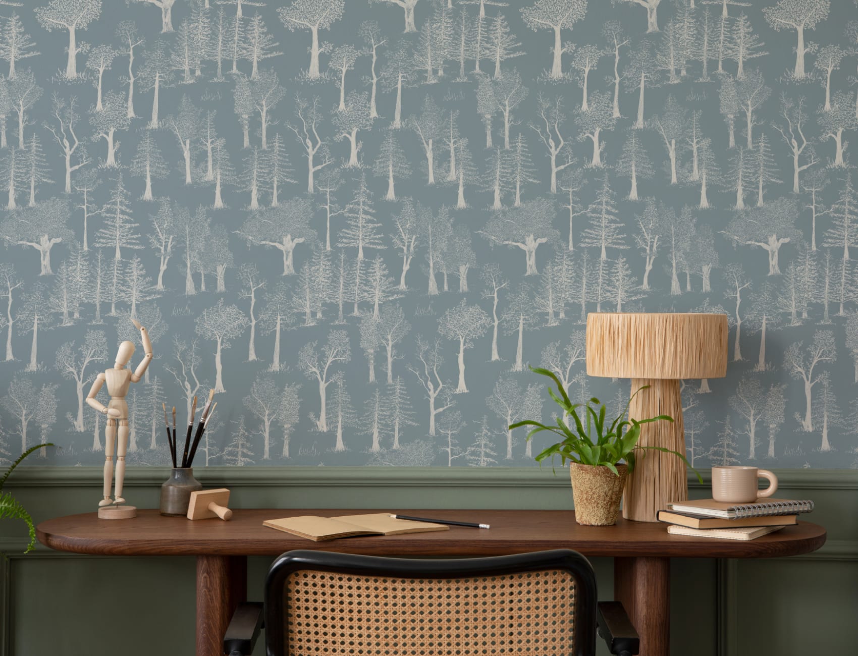 Blue Illustrated Traditional Forest Wallpaper