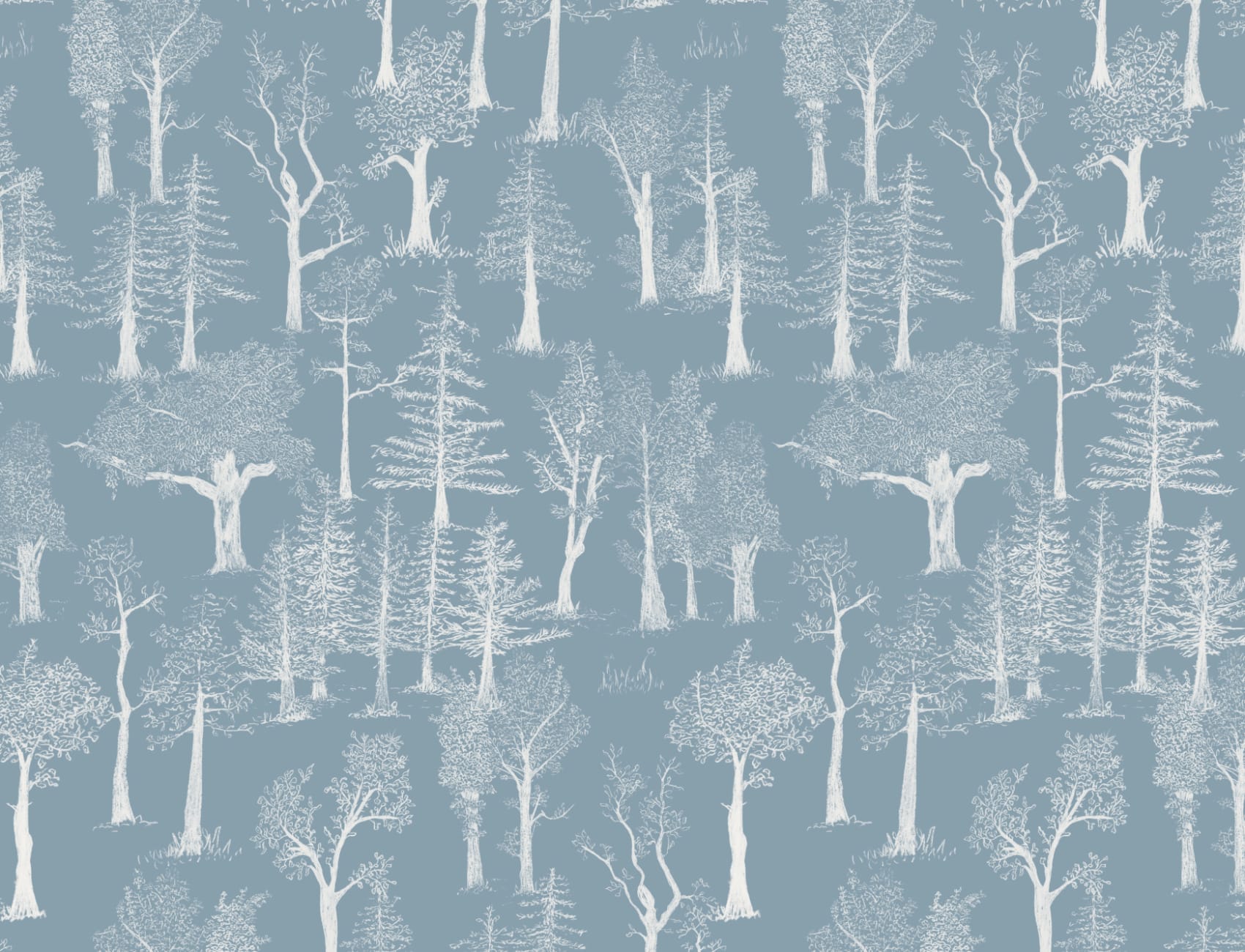 Blue Illustrated Traditional Forest Wallpaper