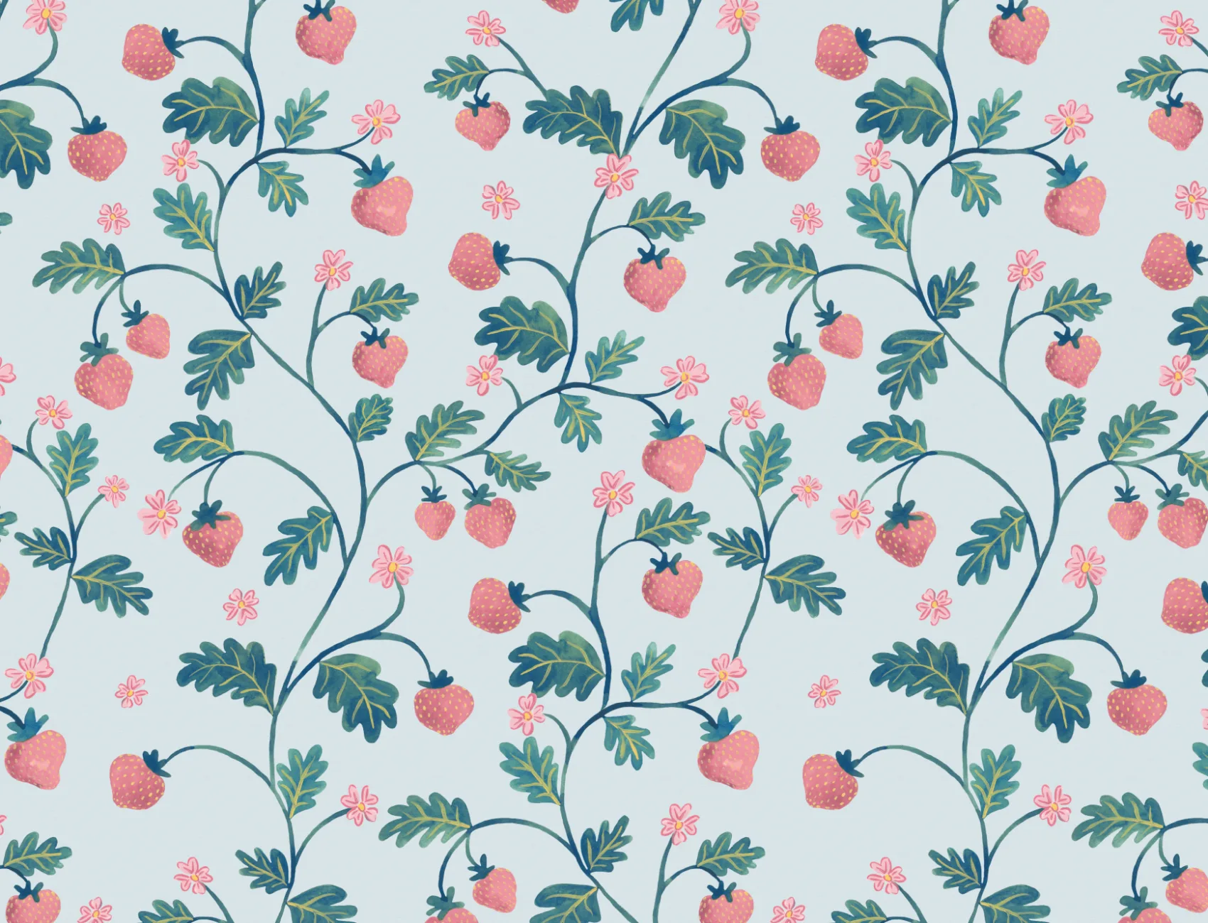 Papel de parede Vintage Azul Aguarela Morango & Folhagem