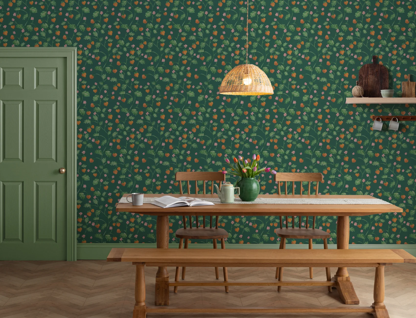 Vihreä Vintage vesivärit Mansikka Foliage tapetti