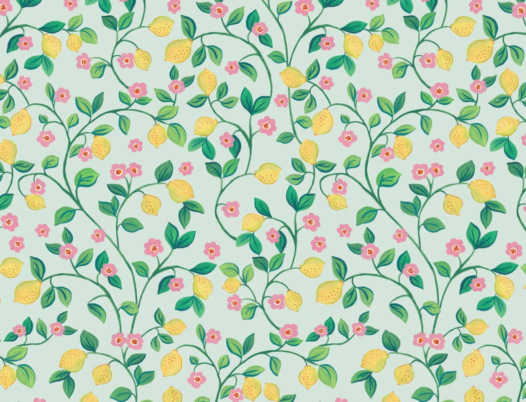 Carta da parati blu Piccoli limoni botanici