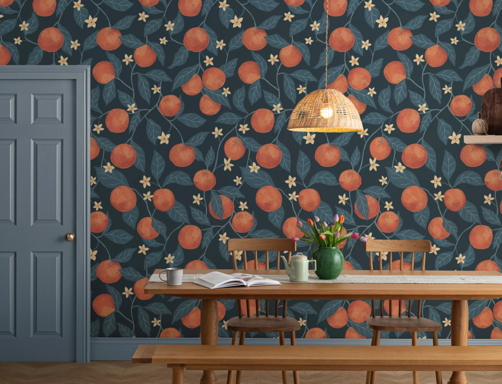 Dark Blue Botanical Oranges Mural