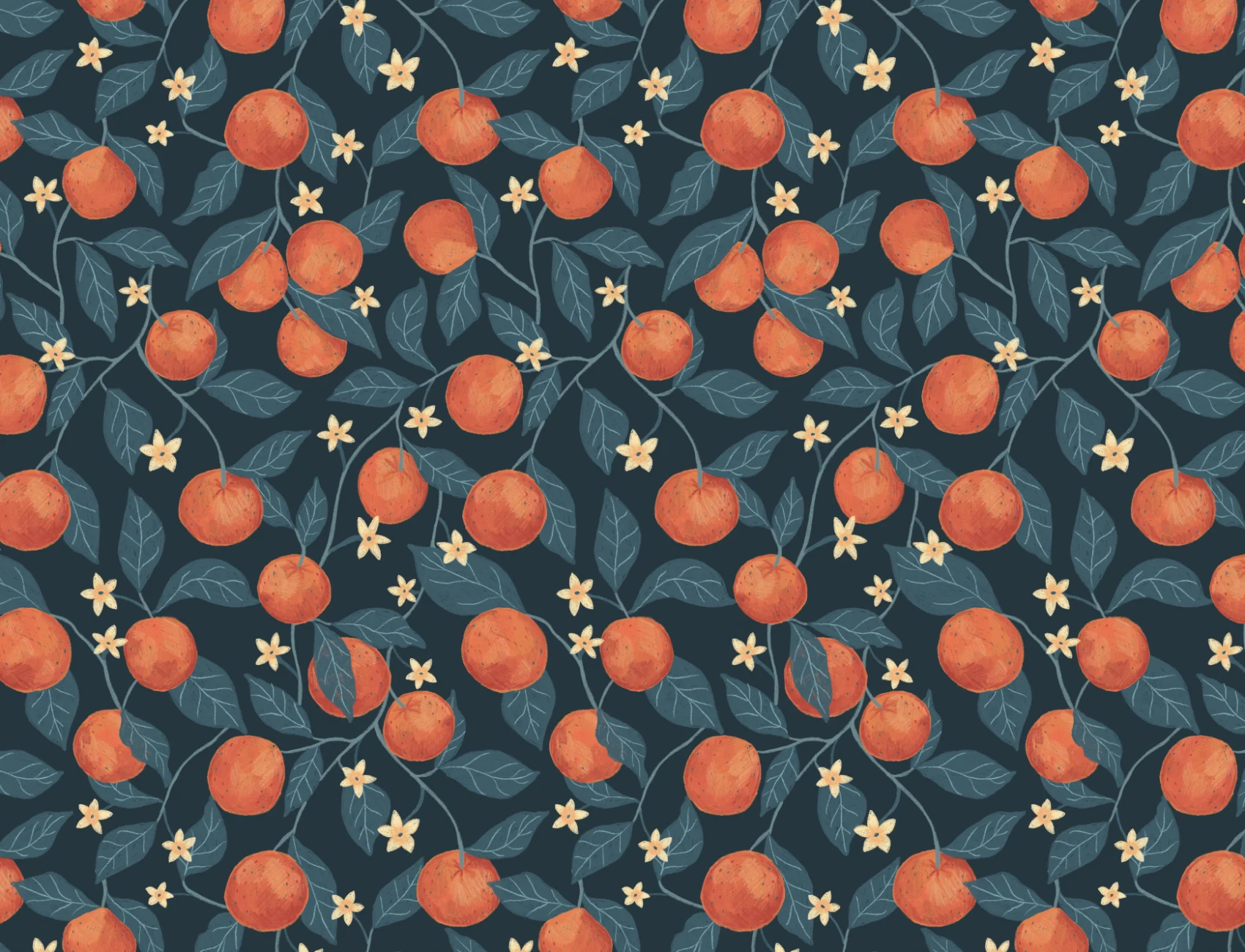 Dark Blue Botanical Oranges Mural