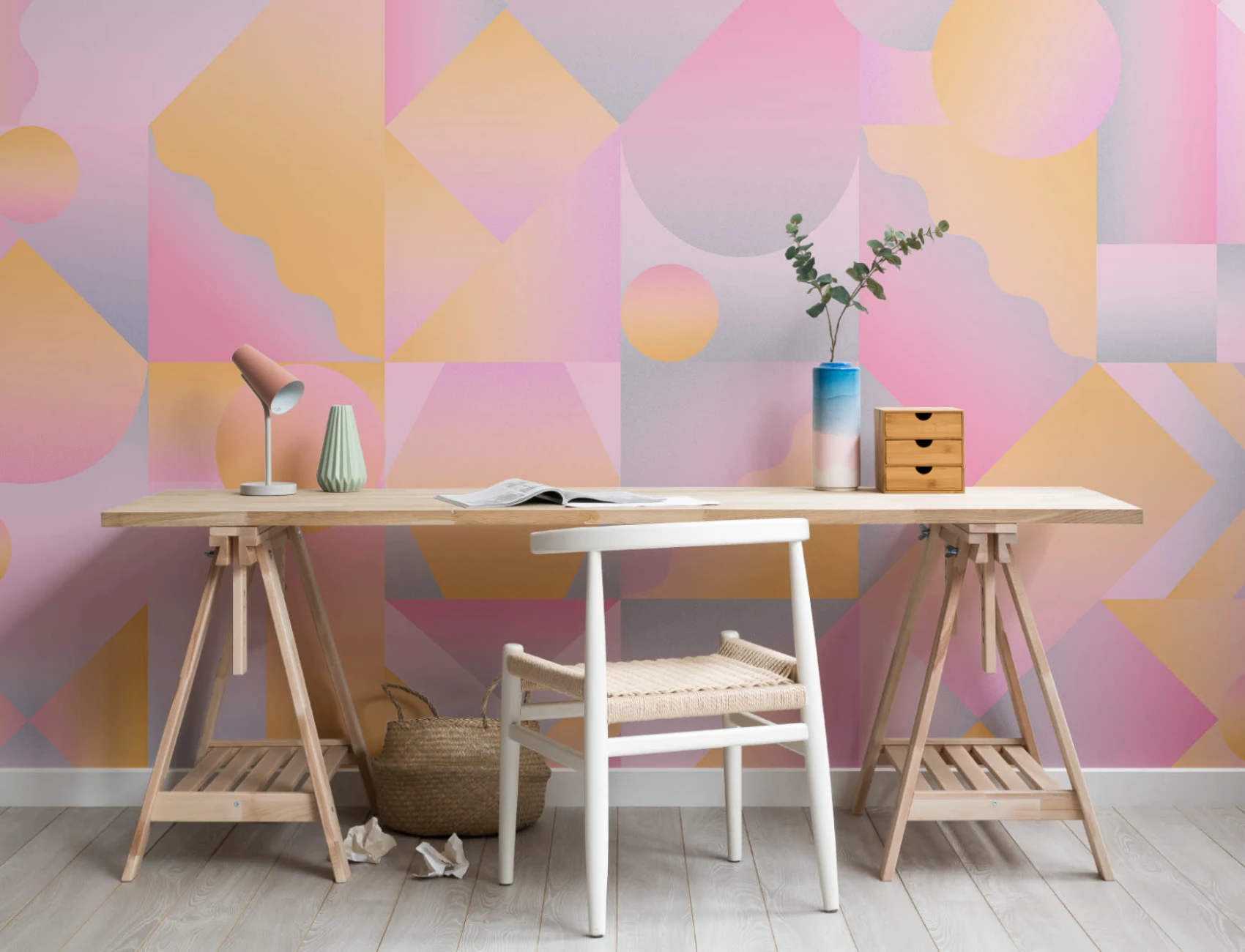 Mural Papel Pintado Degradado con Formas Geométricas Naranja y Rosa