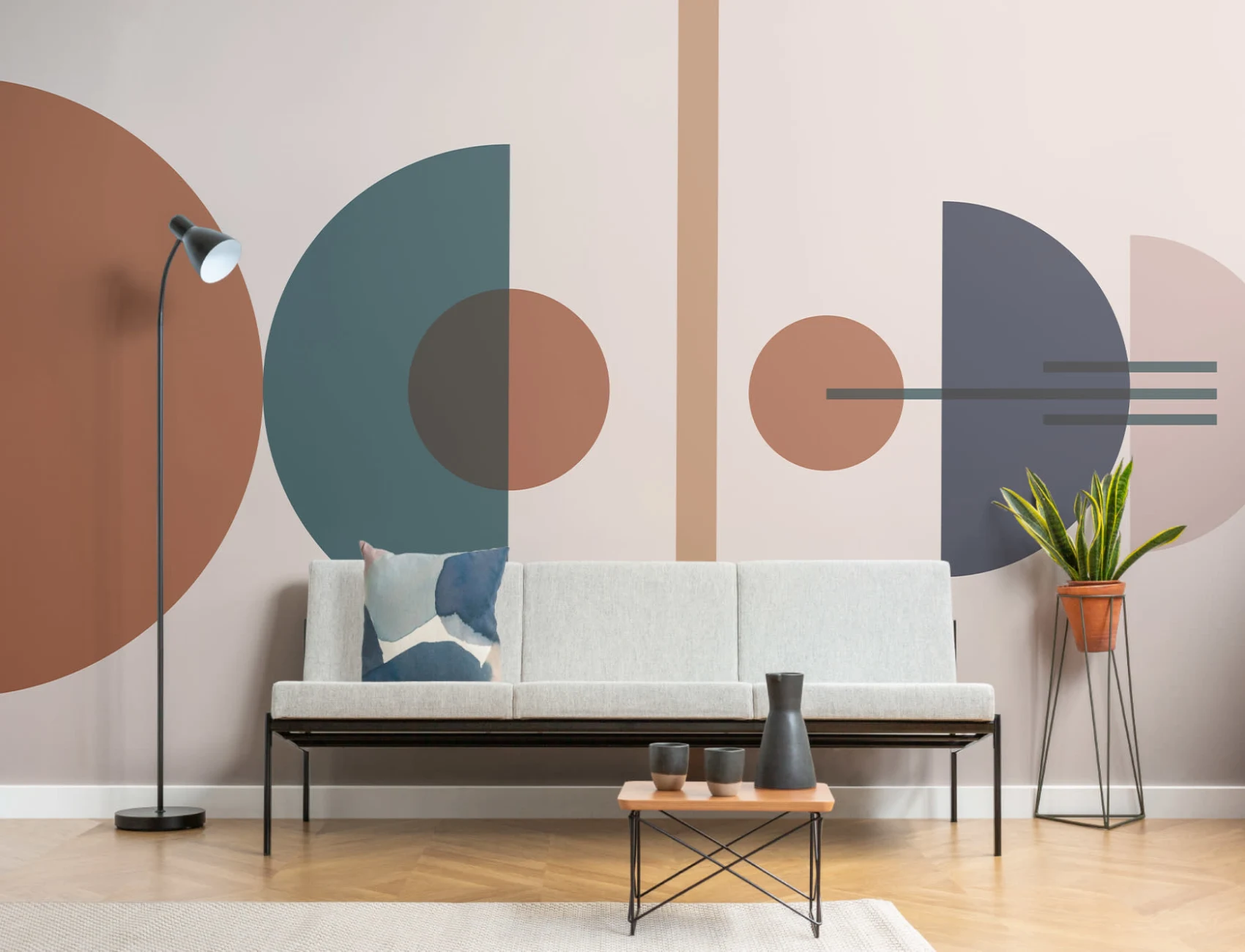 Mural de papel de parede geométrico moderno de meados do século azul e neutro