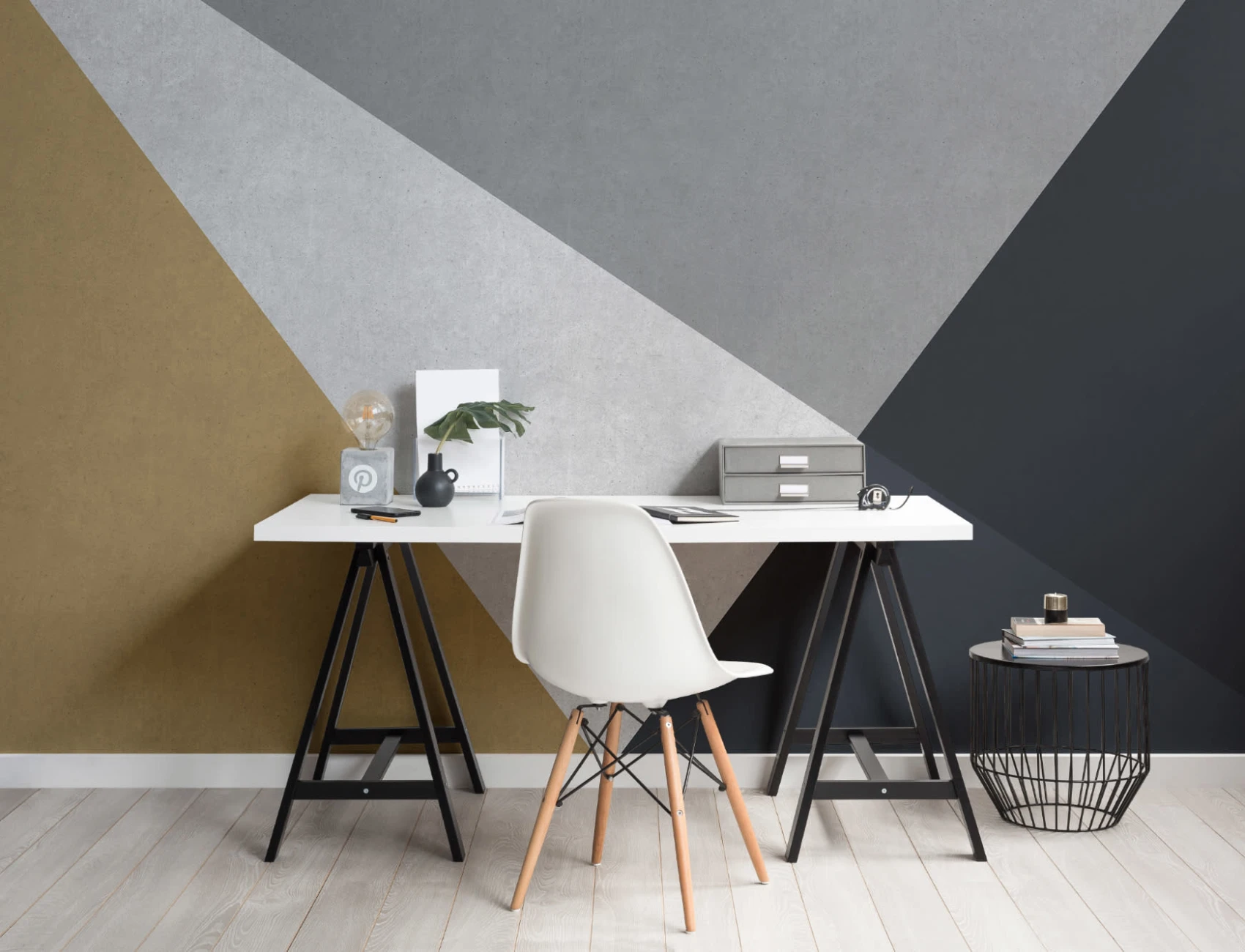 Gray, Blue & Gold Concrete Effect Geometric Wallpaper Mural