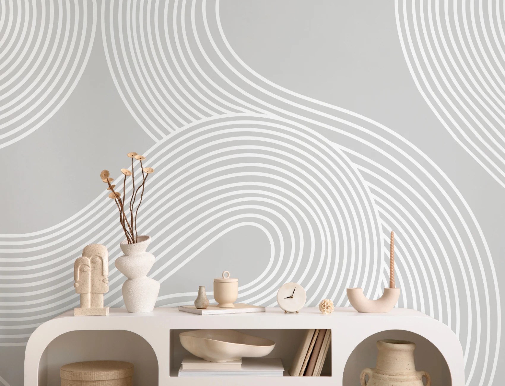 Gray Curvy Lines Modern Zen Garden Wallpaper Mural