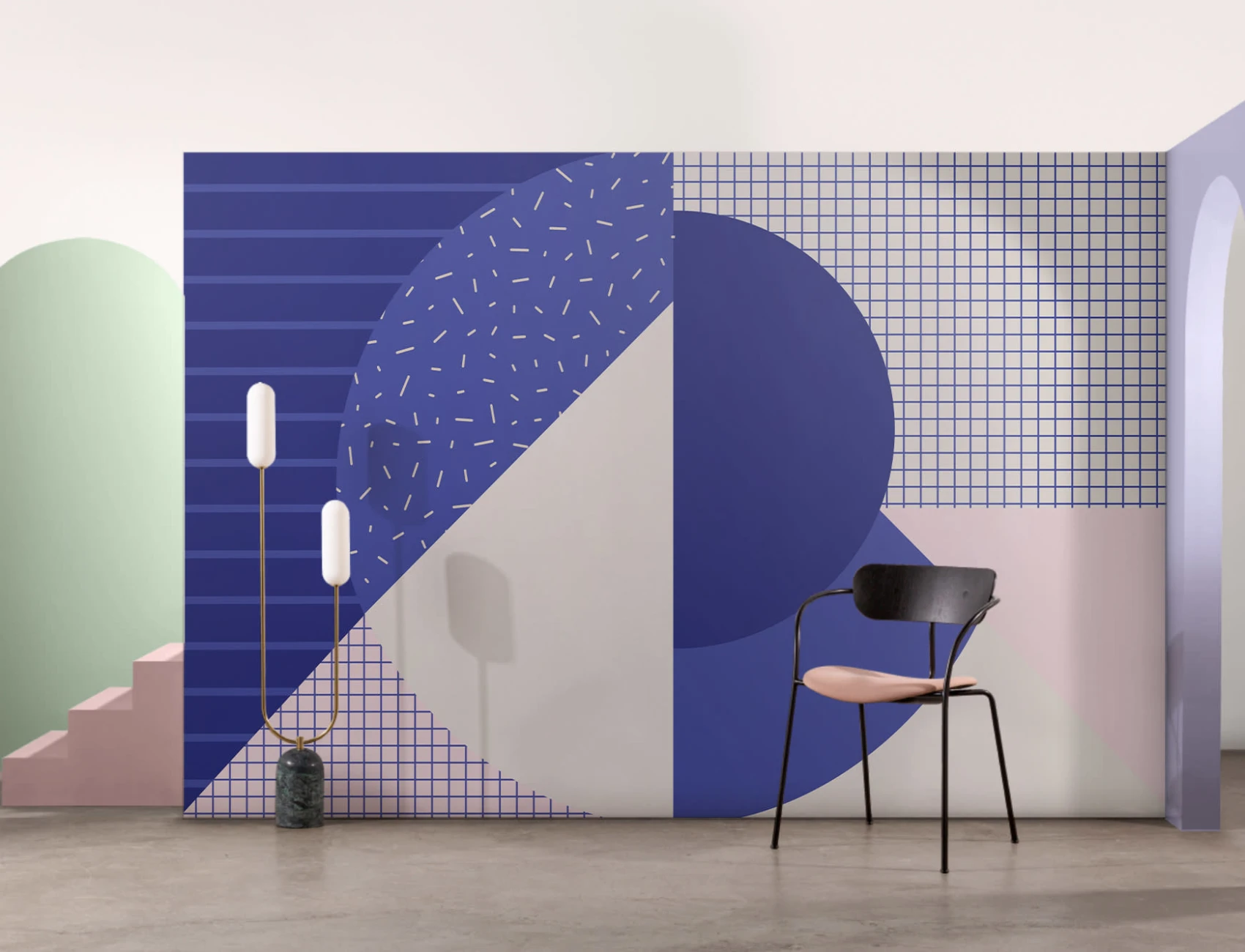 Niebiesko-różowa geometryczna tapeta ścienna w stylu Memphis