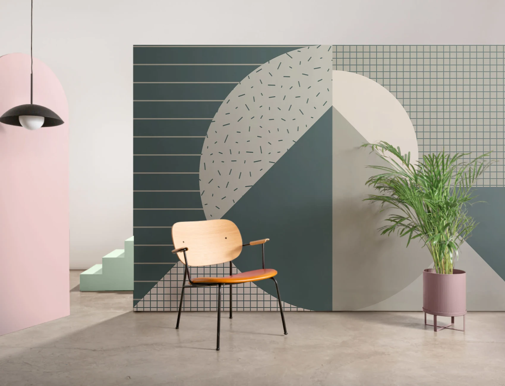 Carta da Parati Verde con Figure Geometriche in Stile Memphis